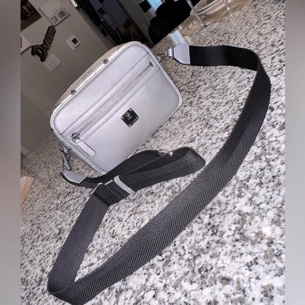MCM Silver Logo Crossbody Shoulder Bag Aren Visetos Retail $890